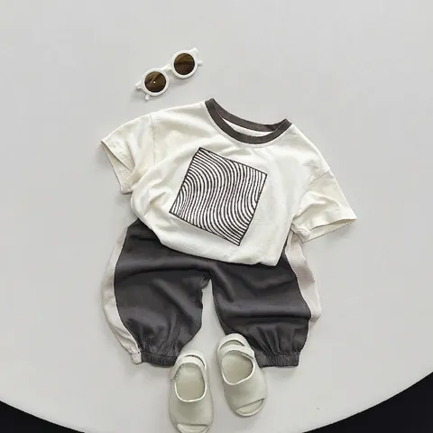 Maglietta per Bambini Minimalista in Puro Cotone Stampata a Manica Corta Stile Coreano Motivo Geometrico a Onde Estate Girocollo Bambino