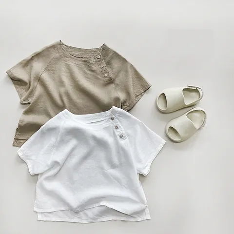 Japanese Style Kids Cotton Rayon Linen Blend Short Sleeve T-Shirt Solid Color Round Neck Side Button Baby Forest Top