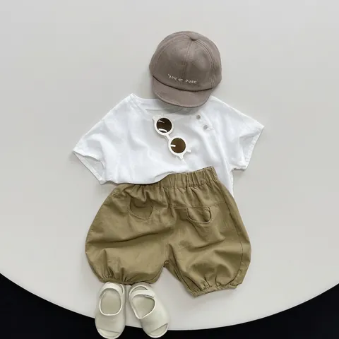 Japanese Style Kids Cotton Rayon Linen Blend Short Sleeve T-Shirt Solid Color Round Neck Side Button Baby Forest Top