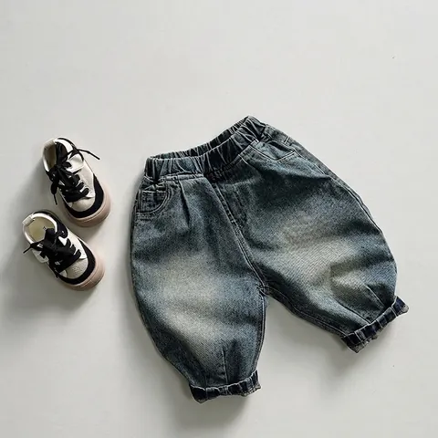 Jeans a Gamba Larga in Denim Lavato Retrò Coreano per Bambini Pantaloni Casual in Cotone 100% per Ragazzi Ragazze