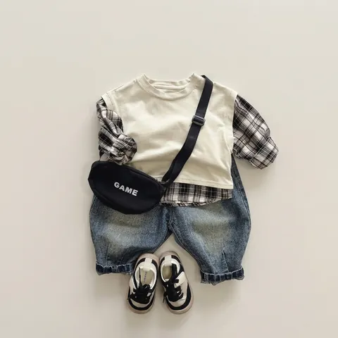 Kinderen Geruit T-Shirt Met Lange Mouwen Nep Twee Delig Katoen Tops Voor Peuters Jongens Meisjes Casual Lente Herfst Top