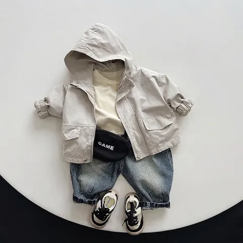 Kids Korean Style Hooded Jacket Cotton Windproof Zipper Closure Casual Solid Color Outerwear For Boys Girls Autumn Coat