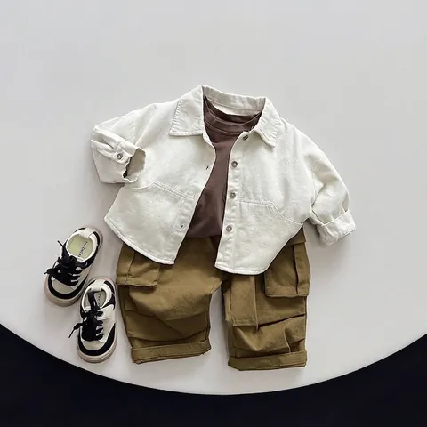 Kids Cotton Long Sleeve Shirt Korean Style Casual Solid Color Turn-down Collar Button Down Top For Boys Girls
