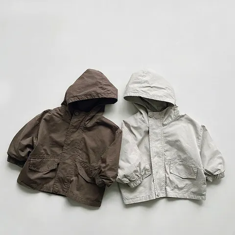 Kids Korean Style Hooded Jacket Cotton Windproof Zipper Closure Casual Solid Color Outerwear For Boys Girls Autumn Coat