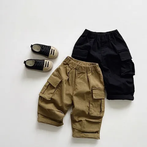Kids Boys Girls Cargo Pants Korean Japanese Style Loose Casual Cotton Trousers With Elastic Waist And Cargo Pockets Bottoms