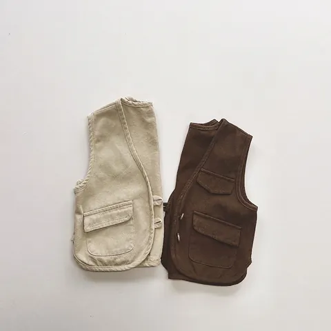 Kids 100% Cotton Workwear Vest Japanese Casual Sleeveless Waistcoat Solid Color Button Front Jacket For Boys Girls Clothing