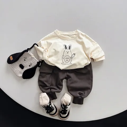 Maglietta a Maniche Lunghe in Cotone per Bambini Stampa Coniglio Cartone Animato Girocollo Top per Ragazzi Ragazze Primavera Autunno