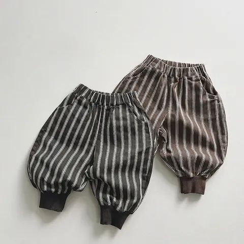 Kids Cotton Striped Casual Pants Korean Style Loose Harem Trousers Elastic Waist Soft Cuffed Hem Pants For Boys Girls