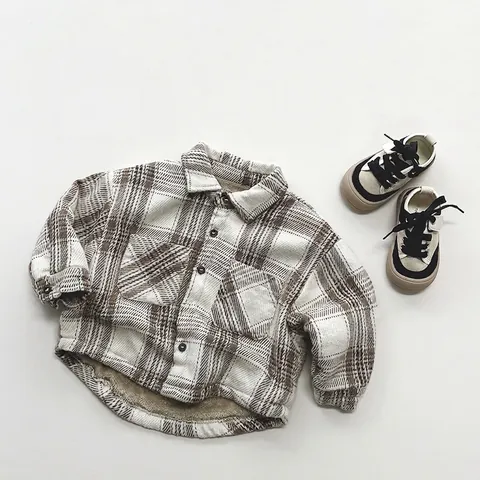 Kinderen Plaid Fleece Gevoerde Overhemd Winter Retro Koreaanse Stijl Dikke Warme Jas Voor Jongens Meisjes Katoenen Tops