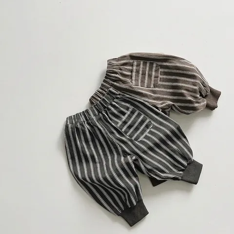 Kids Cotton Striped Casual Pants Korean Style Loose Harem Trousers Elastic Waist Soft Cuffed Hem Pants For Boys Girls