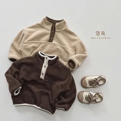 Felpa in Pile per Bambini Stile Coreano Minimalista Collo Alto Mezza Bottoniera Pullover Caldo Top Invernale per Ragazzi Ragazze