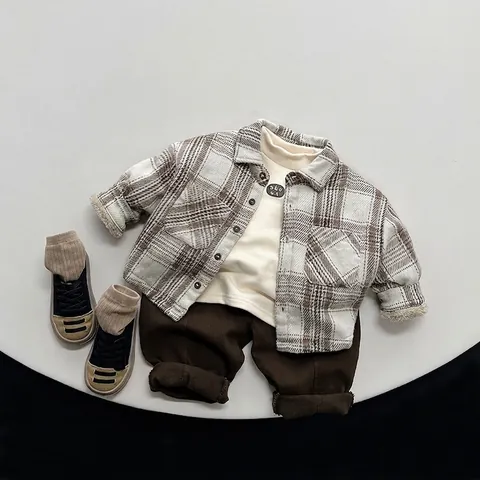 Kinderen Plaid Fleece Gevoerde Overhemd Winter Retro Koreaanse Stijl Dikke Warme Jas Voor Jongens Meisjes Katoenen Tops