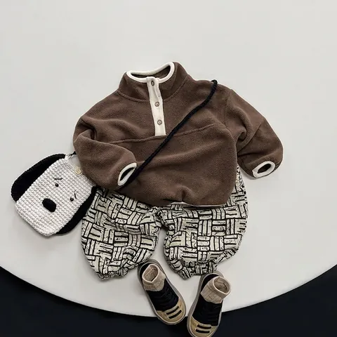 Felpa in Pile per Bambini Stile Coreano Minimalista Collo Alto Mezza Bottoniera Pullover Caldo Top Invernale per Ragazzi Ragazze