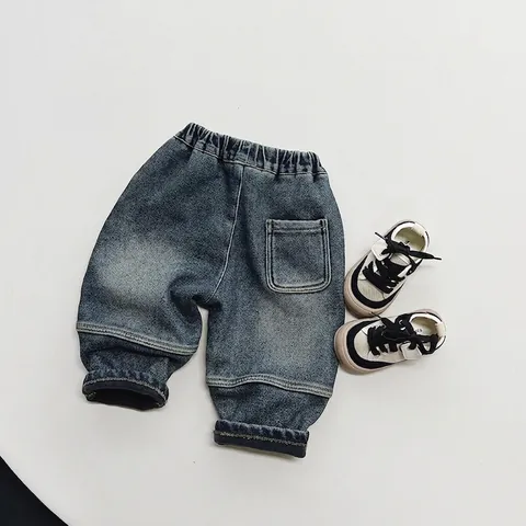 Pantaloni di Jeans in Denim Caldo Invernale per Ragazzi e Ragazze in Stile Coreano Ispessiti Lavati per Bambini Piccoli Abbigliamento Casual