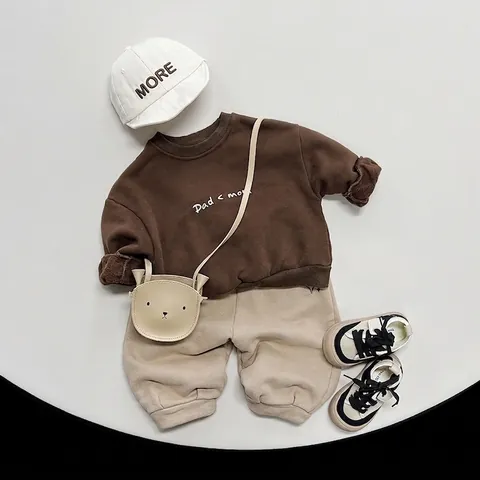 Kids Warm Cotton Fleece Sweatshirt Long Sleeve Pullover With Dad Letter Print Crew Neck Winter Casual Top For Boys Girls