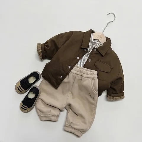 Kids Fleece Lined Cotton Sweatpants Thickened Warm Casual Jogger Pants For Boys Girls Korean Style Star Embroidery Joggers