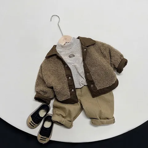 Kids Korean Style Casual Fleece Lined Trousers Boys Girls Winter Warm Solid Color Cotton Loose Soft Versatile Long Pants