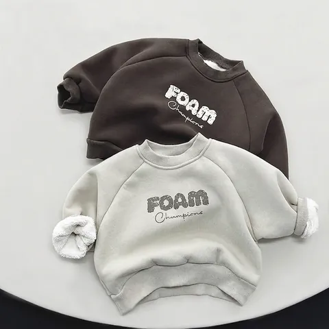 Felpa Foderata in Pile per Bambini Stile Coreano in Cotone Caldo Pullover Invernale Stampa a Lettere Manica Lunga per Ragazzi Ragazze