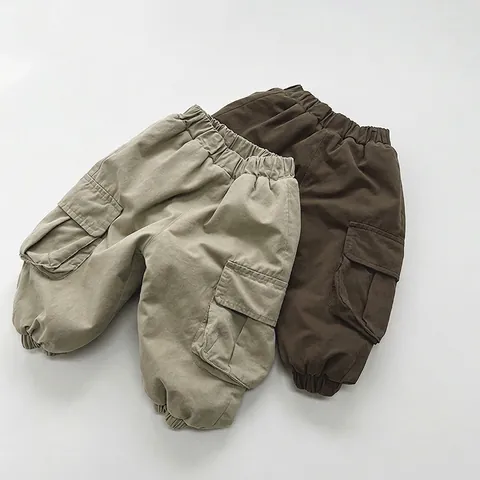 Pantalon Cargo Enfants en Coton Doublé Polaire Style Coréen Pantalon Chaud Hiver Taille Élastique Décontracté Quotidien