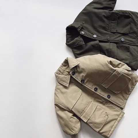 Kids Winter Cotton Windbreaker Jacket Korean Style Lapel Mid-Length Thick Padded Coat With Pockets For Boys Girls