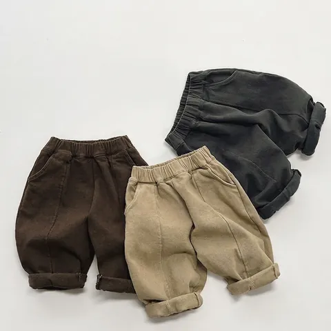 Kids Korean Style Casual Fleece Lined Trousers Boys Girls Winter Warm Solid Color Cotton Loose Soft Versatile Long Pants