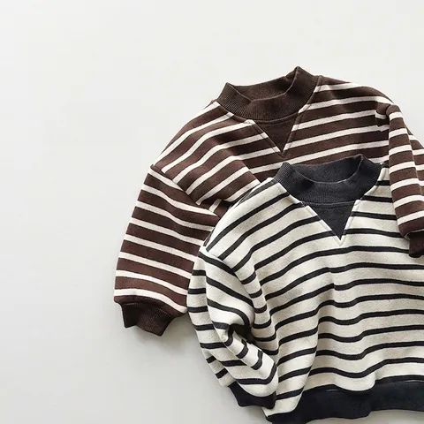 Gestreepte Kinder Sweatshirt Met Fleece Voering Katoenmix Lange Mouw Warme Pullover Casual Winter Top Voor Kinderen