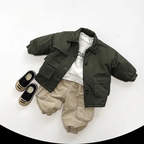 Kids Winter Cotton Windbreaker Jacket Korean Style Lapel Mid-Length Thick Padded Coat With Pockets For Boys Girls