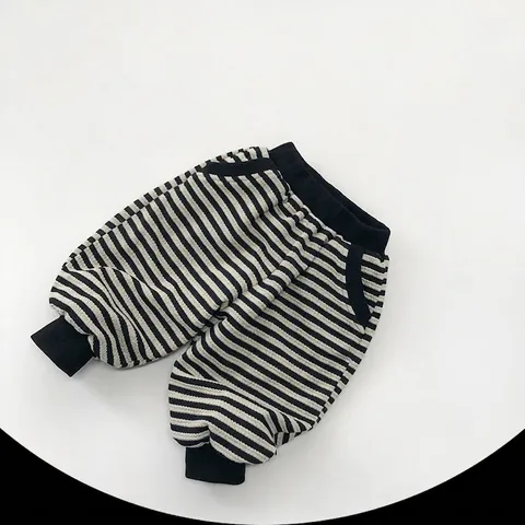 Kids Striped Pants Winter Warm Fleece Lined Casual Trousers With Ribbed Cuffs Elastic Waist For Boys Girls Thermal Sportswear