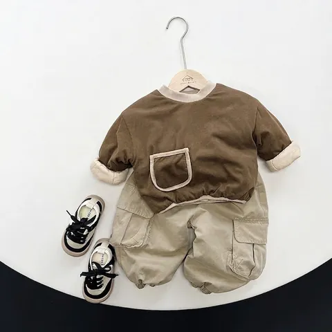 Korean Style Kids Quilted Cotton Top Winter Thickened Warm Long Sleeve Pullover Boys Girls Casual Solid Color Pullover