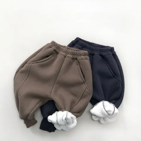 Kids Winter Warm Fleece Lined Sweatpants Casual Cotton Joggers Solid Color Elastic Waist Ribbed Cuffs Trousers Boys Girls