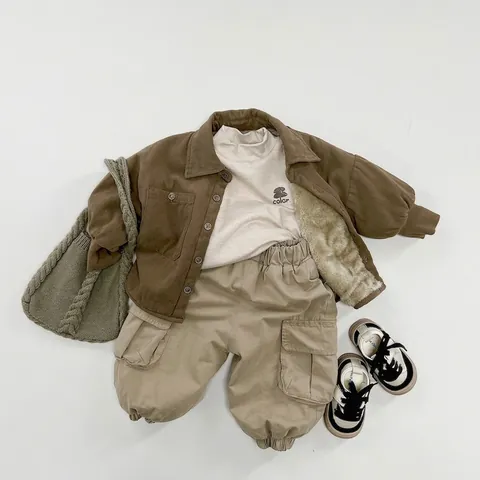 Giacca a Camicia Foderata in Pile per Bambini Unisex in Cotone Retro con Risvolto Cappotto Invernale Caldo per Bambini