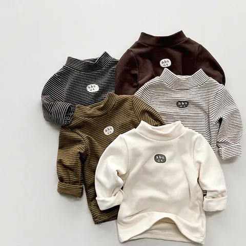 Haut de Base Chaud pour Enfants Hiver Doublé Polaire Col Montant T-Shirt Rayé en Mélange de Coton pour Garçons et Filles