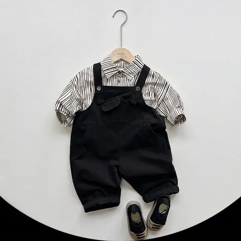 Camicia a Righe in Cotone per Bambini in Stile Coreano Top a Maniche Lunghe con Revers per Ragazzi Ragazze Camicia Casual Retrò Doppia Tasca