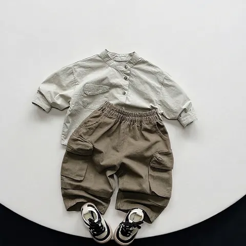 Kinder Baumwolle Langarm Stehkragen Hemd Minimalistisch Koreanischer Stil Jungen Mädchen Einfarbig Top Mit Brusttasche