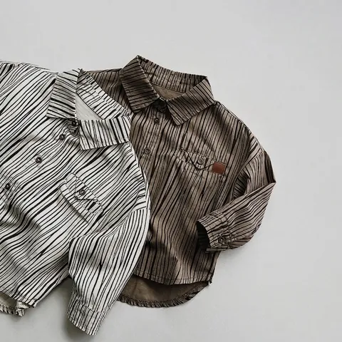 Camicia a Righe in Cotone per Bambini in Stile Coreano Top a Maniche Lunghe con Revers per Ragazzi Ragazze Camicia Casual Retrò Doppia Tasca