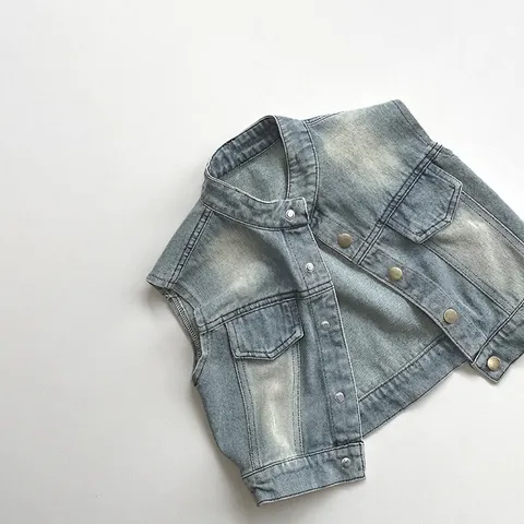 Retro Kinder Denim Weste Baumwolle Gewaschen Blau Ärmellos Weste Casual Knopf Weste Mit Taschen Für Jungen Mädchen Kleinkind