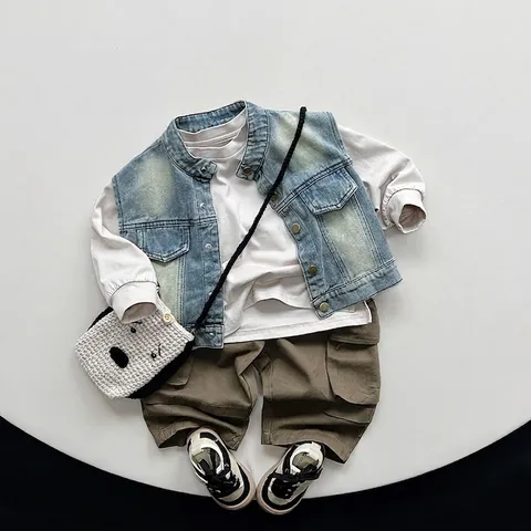 Retro Kinder Denim Weste Baumwolle Gewaschen Blau Ärmellos Weste Casual Knopf Weste Mit Taschen Für Jungen Mädchen Kleinkind
