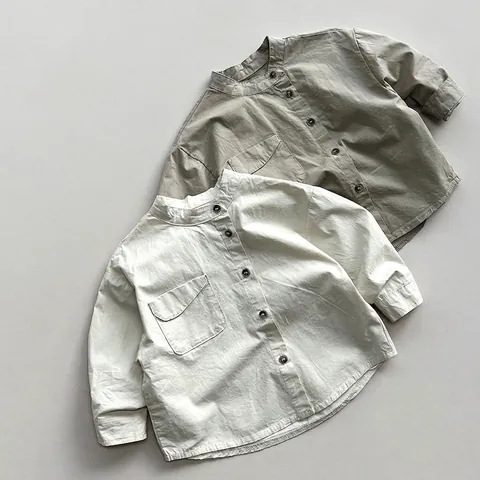 Kinder Baumwolle Langarm Stehkragen Hemd Minimalistisch Koreanischer Stil Jungen Mädchen Einfarbig Top Mit Brusttasche