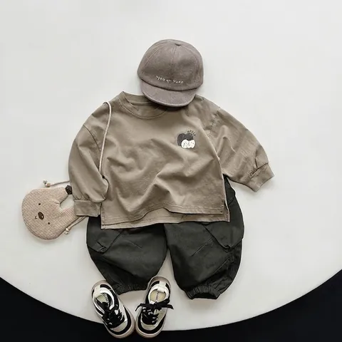 Maglietta a Manica Lunga in Cotone per Bambini Stile Coreano Stampa Mela Girocollo Spalla Cadente Top per Bambini