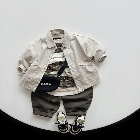 Korean Style Kids Cotton Shirt Jacket Retro Plain Color Long Sleeve Turn Down Collar Unisex Outerwear Spring Coat For Toddlers