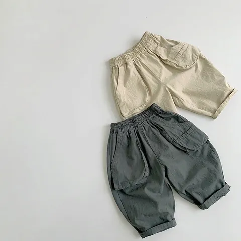 Kids Boys Girls Cotton Cargo Pants Loose Wide Leg Trousers Elastic Waist Solid Color Korean Style Casual Pants
