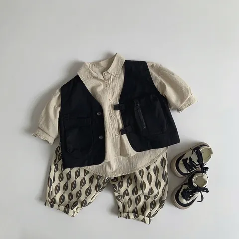 Pantalon Sarouel en Coton pour Enfants Motif Vague Pantalon Décontracté Large pour Garçons Filles Doux Respirant Vêtements Été