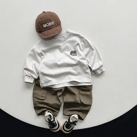 Kids Cotton Cargo Pants Boys Girls Casual Utility Trousers Elastic Waist Multi Pocket Loose Sweatpants Spring Autumn Wear
