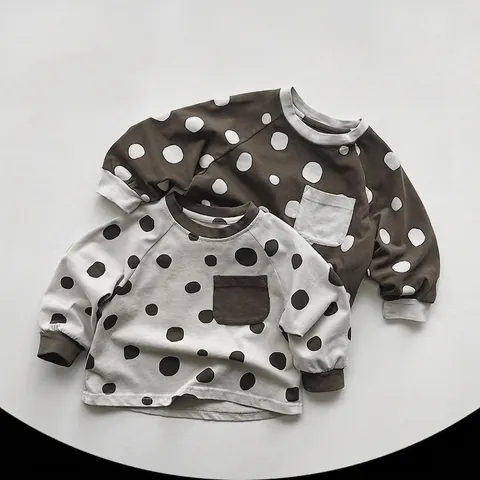 Kids Cotton Long Sleeve Polka Dot T-Shirt Korean Style Round Neck Top With Chest Pocket For Boys And Girls Daily Wear