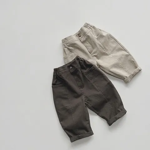 Kids Cotton Casual Pants Korean Style Elastic Waist Solid Color Long Trousers For Boys Girls Soft Daily Loose Pants