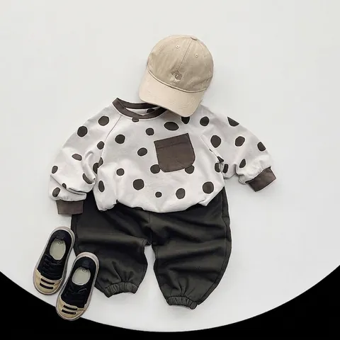 Kids Cotton Long Sleeve Polka Dot T-Shirt Korean Style Round Neck Top With Chest Pocket For Boys And Girls Daily Wear