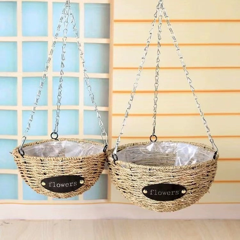 Handgefertigter Geflochtener Naturgras Hängekorb Mit Metallkette Und Wasserdichtem Futter Für Haus Garten Deko