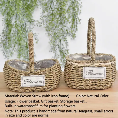 Cesto di Fiori in Rattan Intrecciato a Mano Con Maniglia Fodera Impermeabile Stile Pastorale Coreano Cesto Portaoggetti per Casa Matrimonio