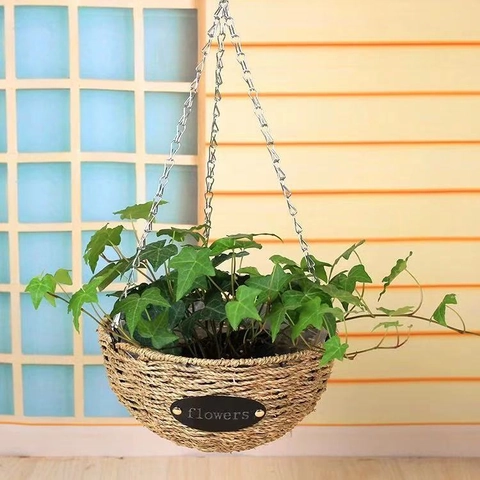 Handgefertigter Geflochtener Naturgras Hängekorb Mit Metallkette Und Wasserdichtem Futter Für Haus Garten Deko