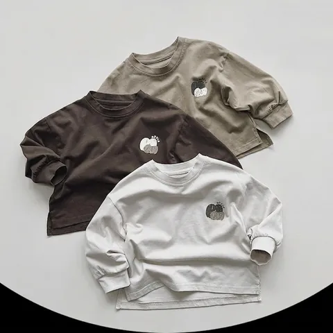 Maglietta a Manica Lunga in Cotone per Bambini Stile Coreano Stampa Mela Girocollo Spalla Cadente Top per Bambini